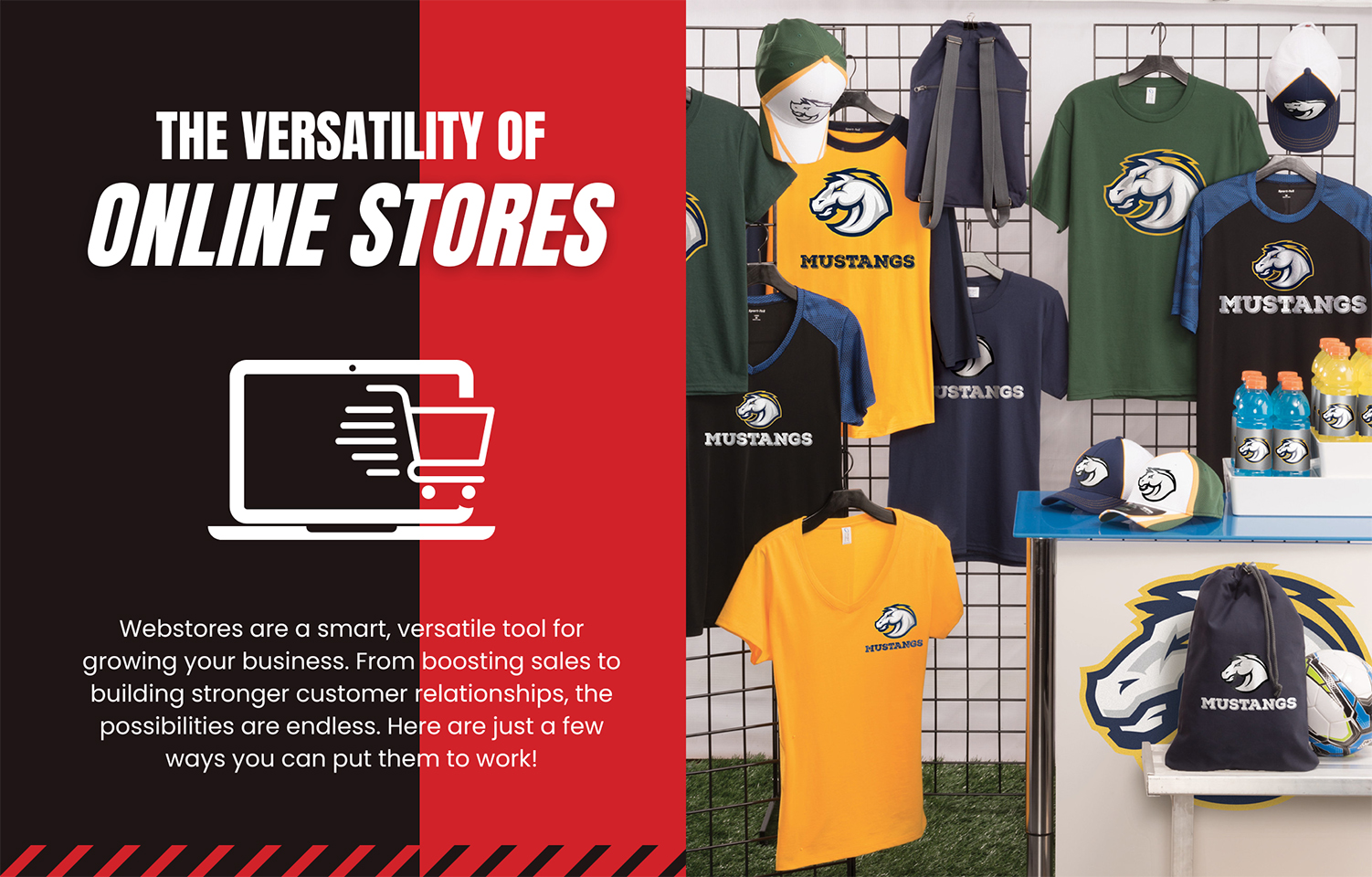 Display of custom branded merchandise for small businesses, including t-shirts, hats, backpacks, and sports drinks with Mustangs logo, demonstrating the versatility of online company stores