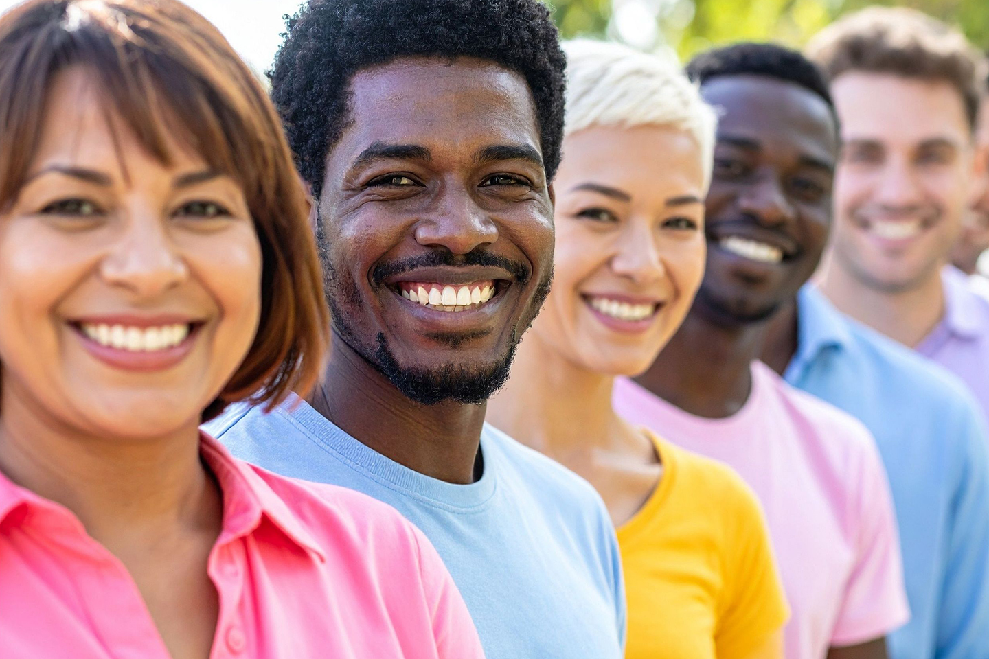 Diverse group of smiling employees wearing colorful branded shirts, representing team unity and employee loyalty with Zamar Inc.